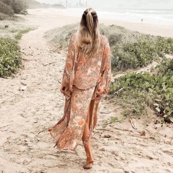 Pink Bohemian Floral Maxi Duster Kimono Wrap Robe-L - Picture 8 of 15